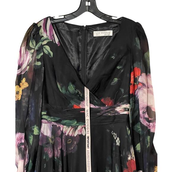 Mac Duggal NEW Size 8 67872 Black Chiffon Bishop Sleeve Floral Print Gown Dress - Picture 5 of 11